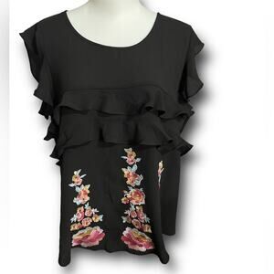 Andree by unit flutter sleeve black ruffle embroidered boho blouse large